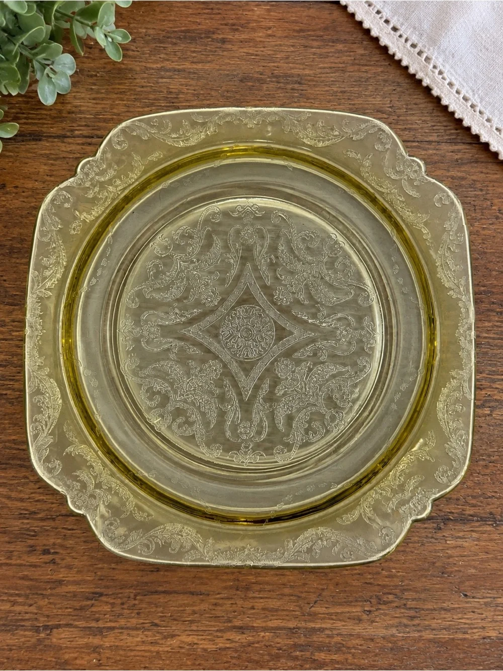 Vintage Amber Depression Glass Plates Set of 4 – Square Ornate Floral Scroll 8.5